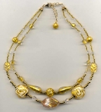 Two Strand 24 Karat Gold Foil & Crystal, Venetian Bead Necklace